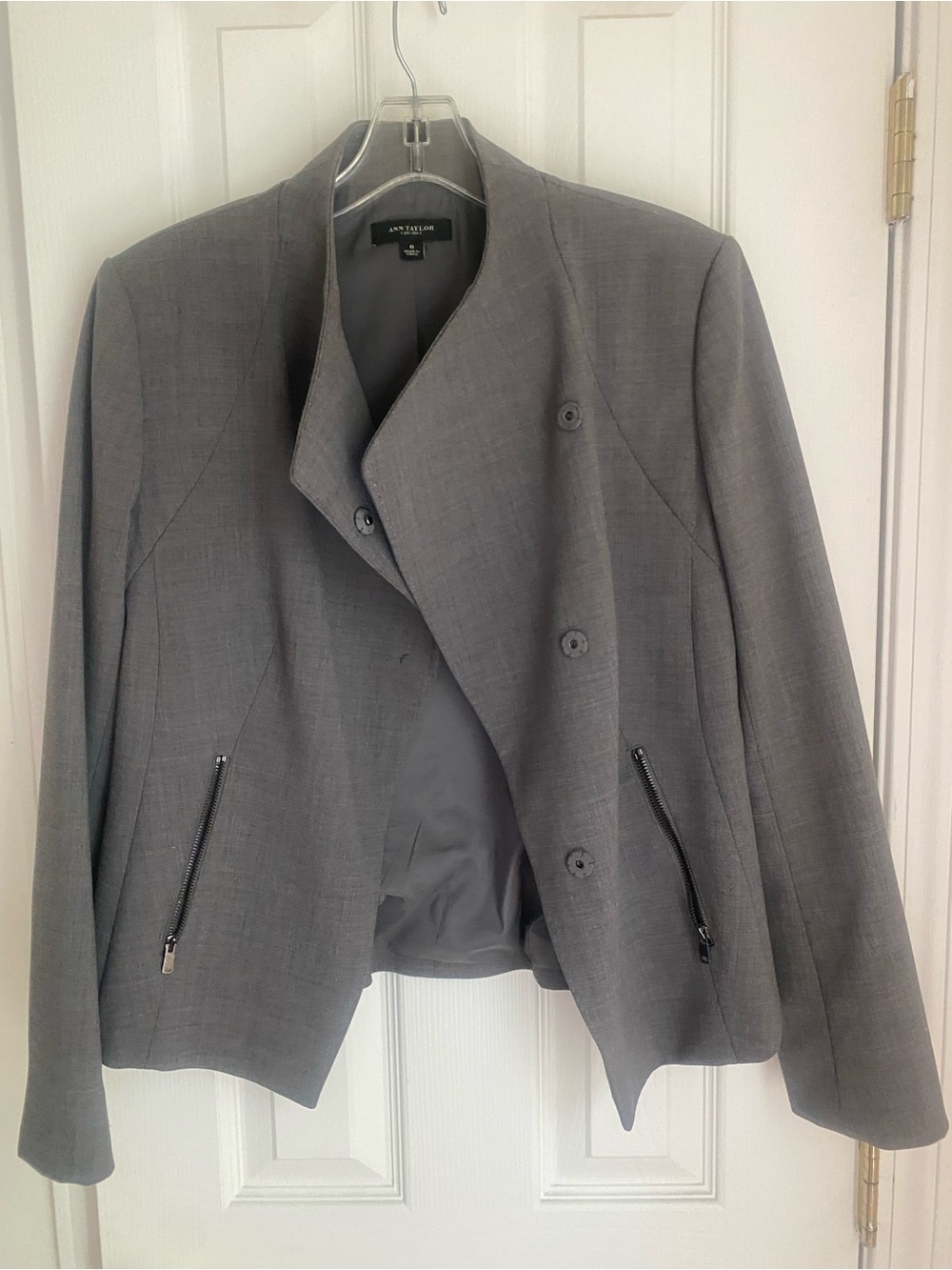 Ann Taylor Gray Double-Breasted Zip-Pocket Blazer